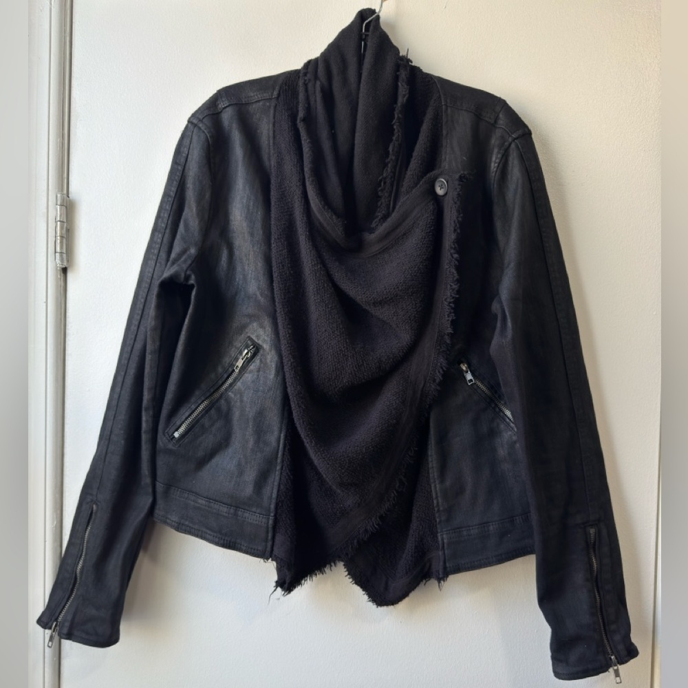 Free People Drape Front Coated Denim Moto Mixed Media Black Leather Jacket Sz 12 - Picture 3 of 11